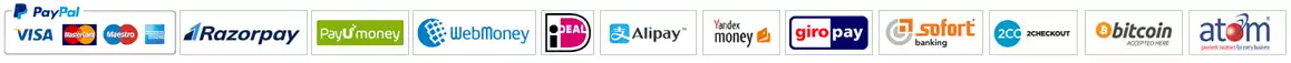 We accept PayPal, 2Checkout, SOFORT Banking, Giropay, WebMoney, Yandex.Money, Alipay, iDeal, PayUmoney, Atom, All Major Credit Cards and BitCoin.